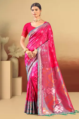 pink silk woven work traditional saree