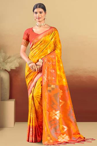 yellow silk woven work traditional saree