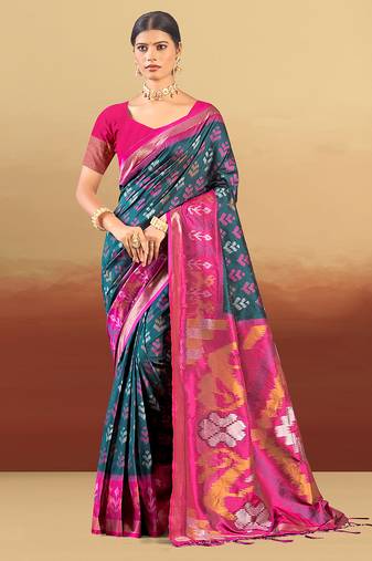 teal silk woven work traditional saree