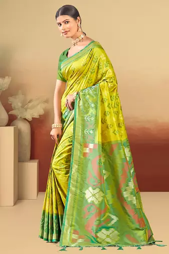 lime green silk woven work traditional saree