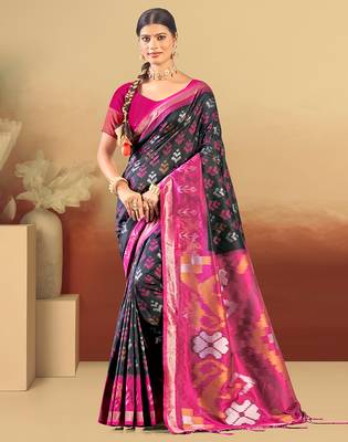 black and magenta silk woven work traditional saree 1