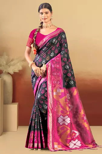 black and magenta silk woven work traditional saree