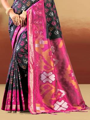 black and magenta silk woven work traditional saree 3