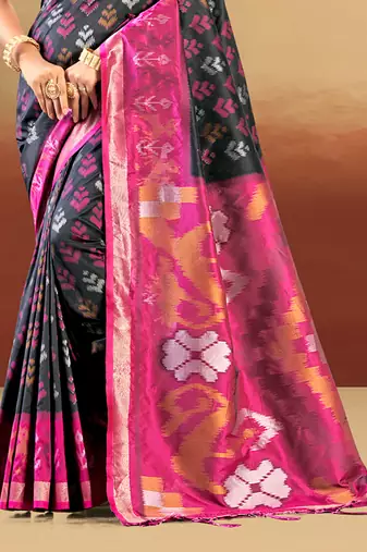 black and magenta silk woven work traditional saree