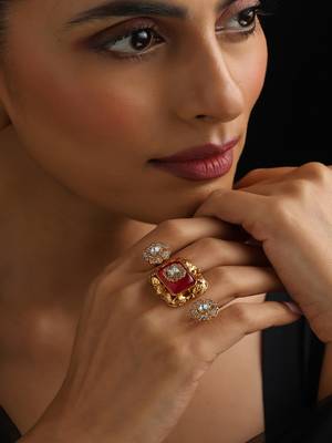 Gold plated red stone Kundan ring 1