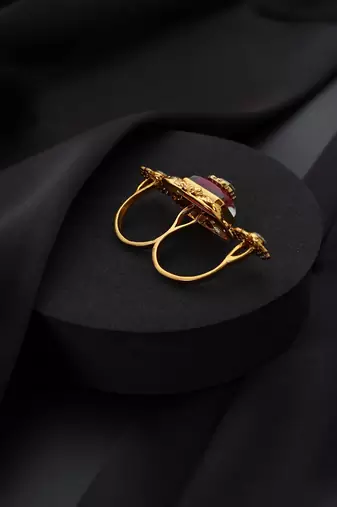 Gold plated red stone Kundan ring