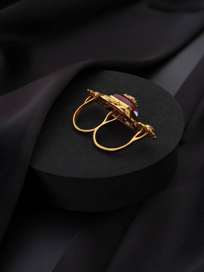 Gold plated red stone Kundan ring