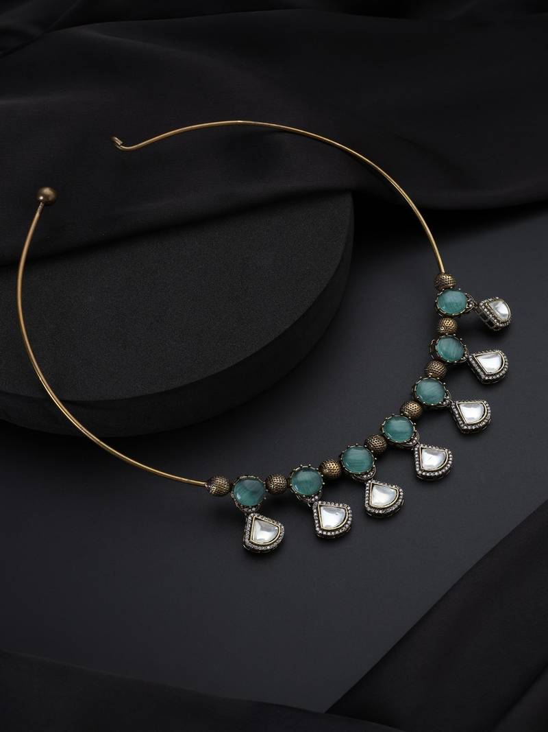 Gold plated kundan turquoise stones necklace