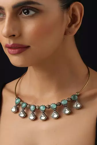 Gold plated kundan turquoise stones necklace