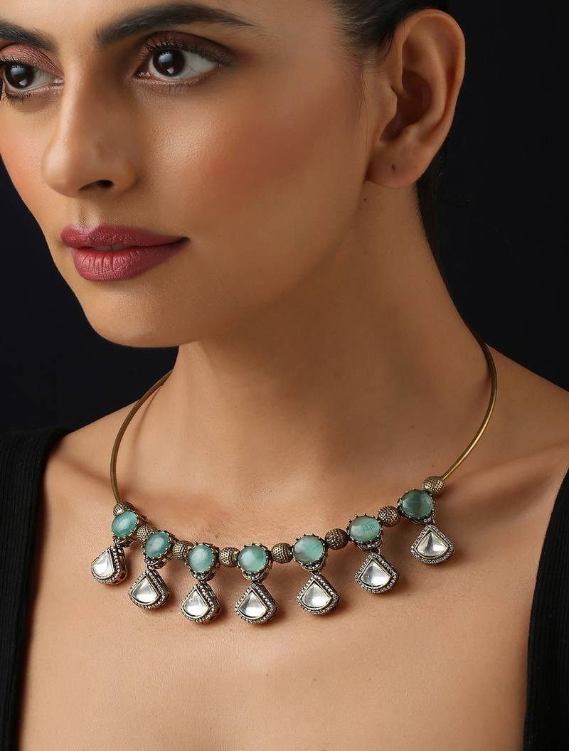 Gold plated kundan turquoise stones necklace