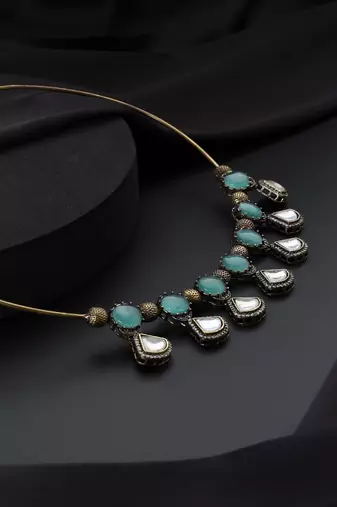 Gold plated kundan turquoise stones necklace