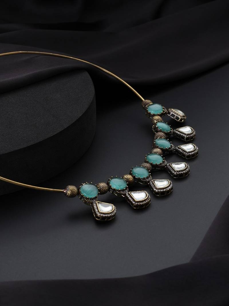 Gold plated kundan turquoise stones necklace