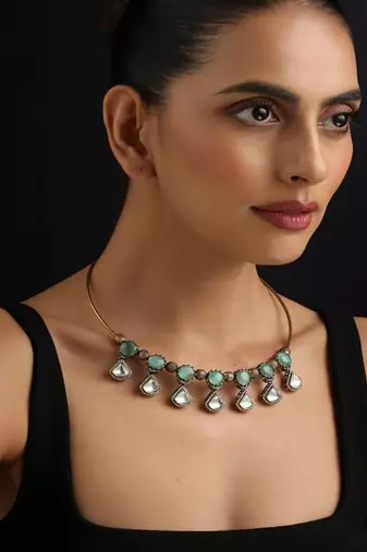 Gold plated kundan turquoise stones necklace