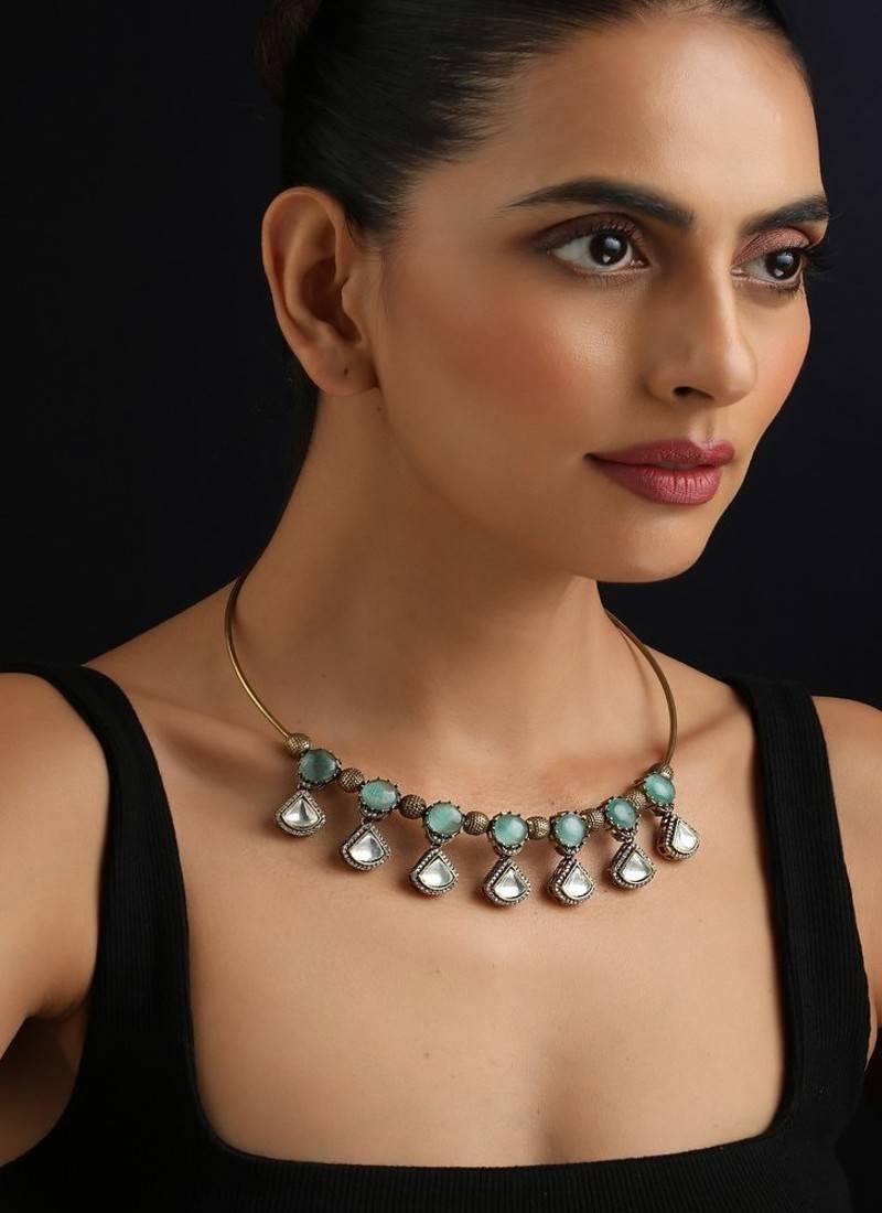 Gold plated kundan turquoise stones necklace