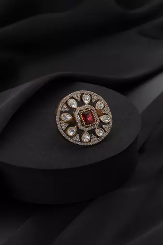 Gold plated red stone Kundan ring