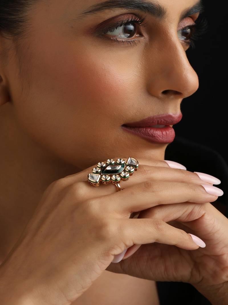 Gold plated Kundan green stones ring