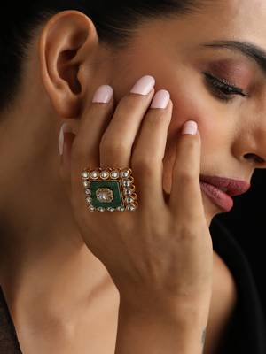 Gold plated green stone Kundan ring 1
