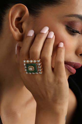 Gold plated green stone Kundan ring