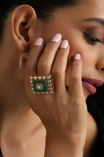 Gold plated green stone Kundan ring