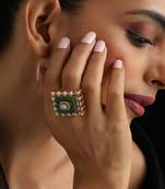 Gold plated green stone Kundan ring