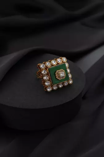 Gold plated green stone Kundan ring