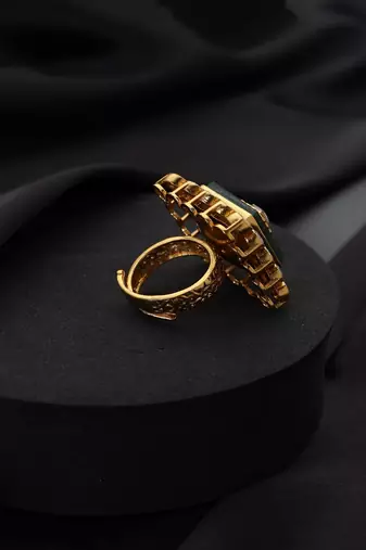 Gold plated green stone Kundan ring