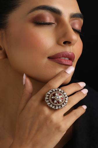 Gold plated kundan red stones ring