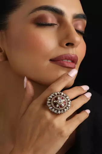 Gold plated kundan red stones ring