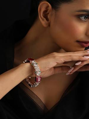 Gold plated kundan red stones bangle 1
