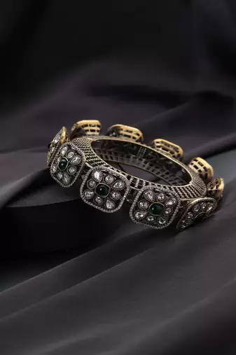 Gold plated Kundan Green Stones bangle