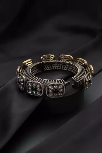 Gold plated Kundan Green Stones bangle