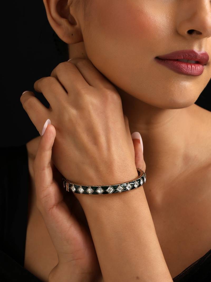 Gold plated kundan green enamel bangle