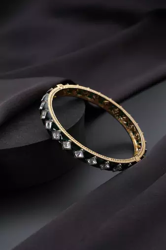 Gold plated kundan green enamel bangle