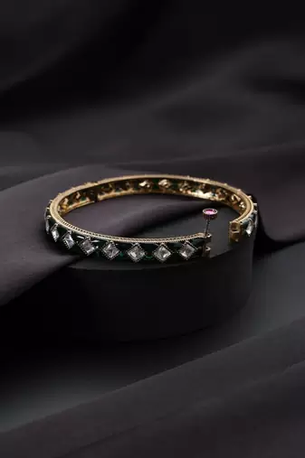 Gold plated kundan green enamel bangle