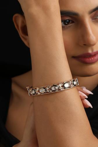 Gold plated kundan green enamel bangle