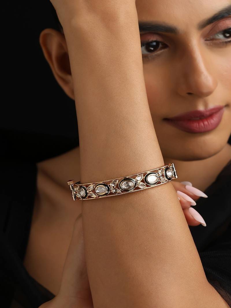 Gold plated kundan green enamel bangle