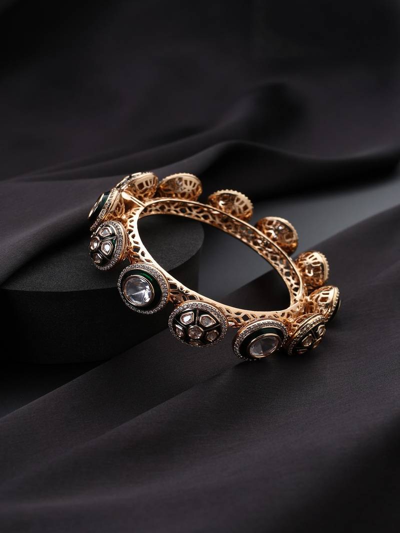 Gold plated kundan green enamel bangle