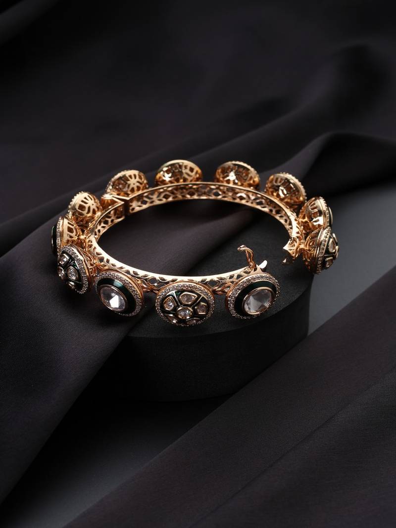 Gold plated kundan green enamel bangle