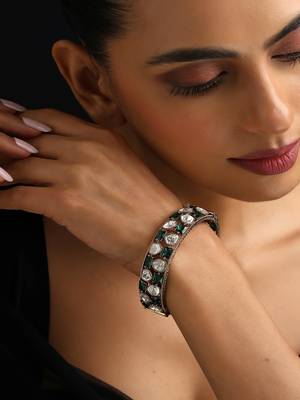 Gold plated Kundan green stones bangle 1