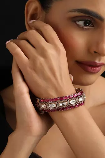 Gold plated kundan red stones bangle