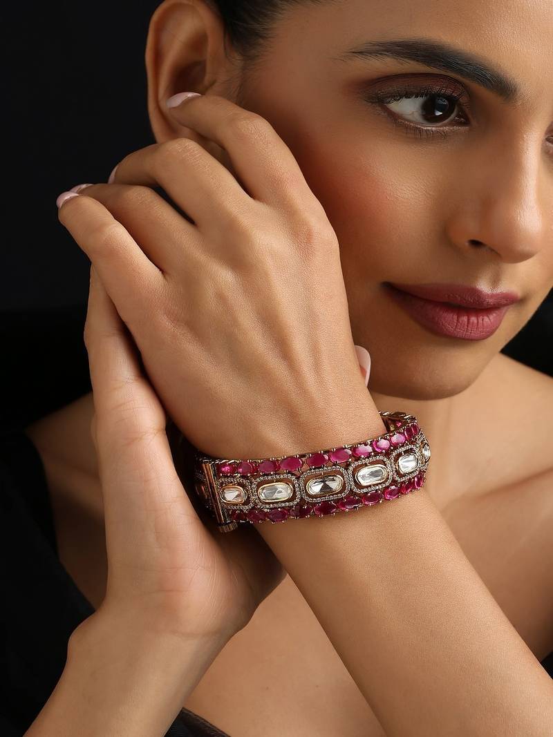 Gold plated kundan red stones bangle