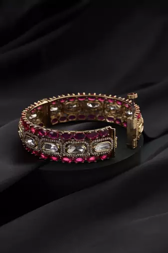 Gold plated kundan red stones bangle