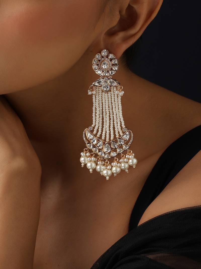Gold plated Kundan Pearls dangler earrings