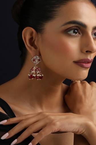 gold plated Kundan Red Stones jhumkas 