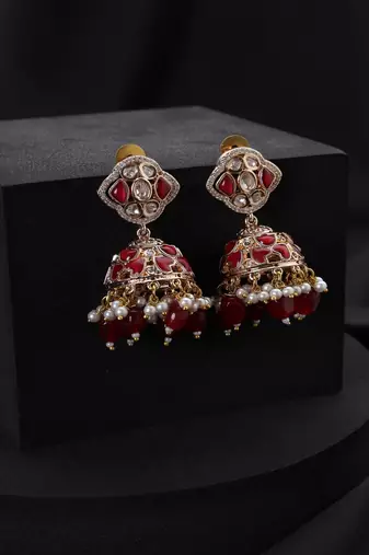 gold plated Kundan Red Stones jhumkas 