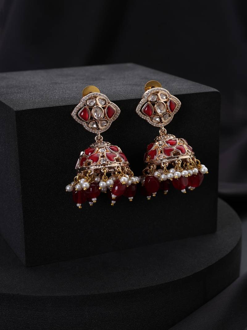 gold plated Kundan Red Stones jhumkas 