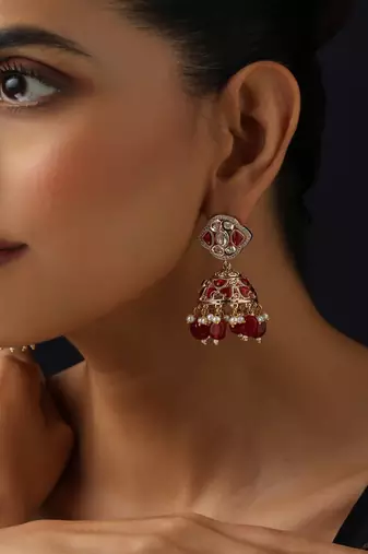 gold plated Kundan Red Stones jhumkas 