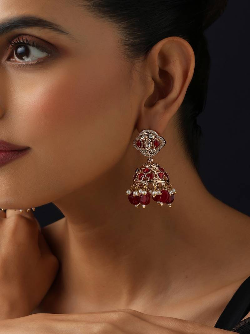 gold plated Kundan Red Stones jhumkas 