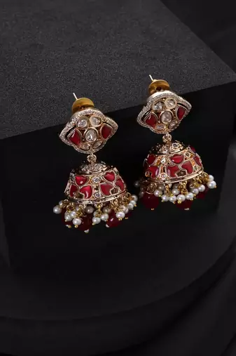 gold plated Kundan Red Stones jhumkas 