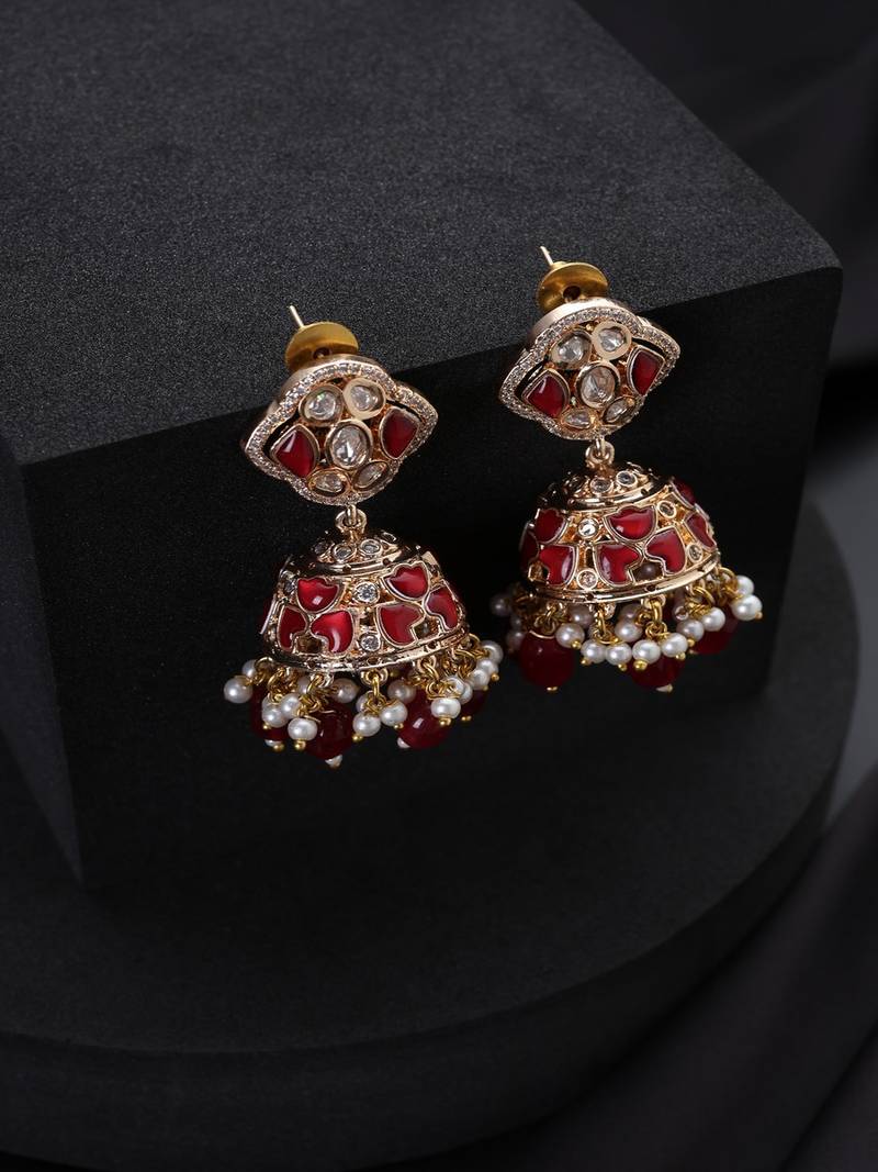 gold plated Kundan Red Stones jhumkas 
